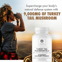 Turkey Tail extract label shows 900 mg per serving and 10:1 strength.