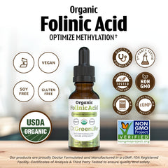 Dr. Green Mom folinic acid drops bottle close-up for display.