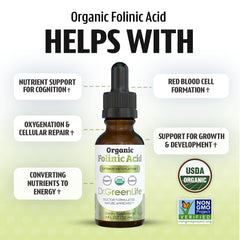Dr. Green Mom folinic acid drops ingredients on clean label.