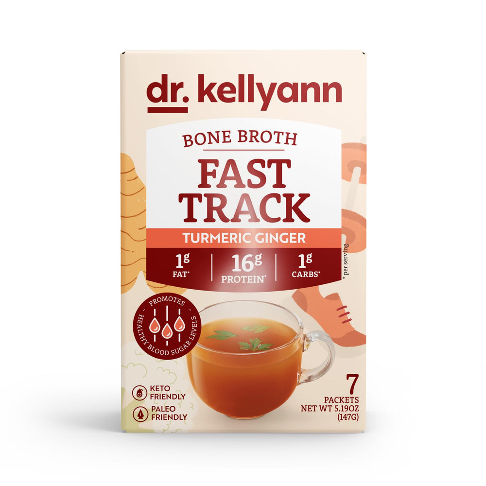 Dr. Kellyann Fast Track bone broth packets box on kitchen counter for quick protein