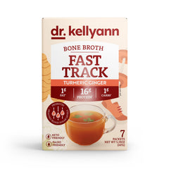 Dr. Kellyann Fast Track bone broth packets box on kitchen counter for quick protein