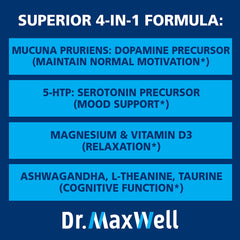 Graphic shows Mucuna Pruriens and 5-HTP as dopamine and serotonin precursors.