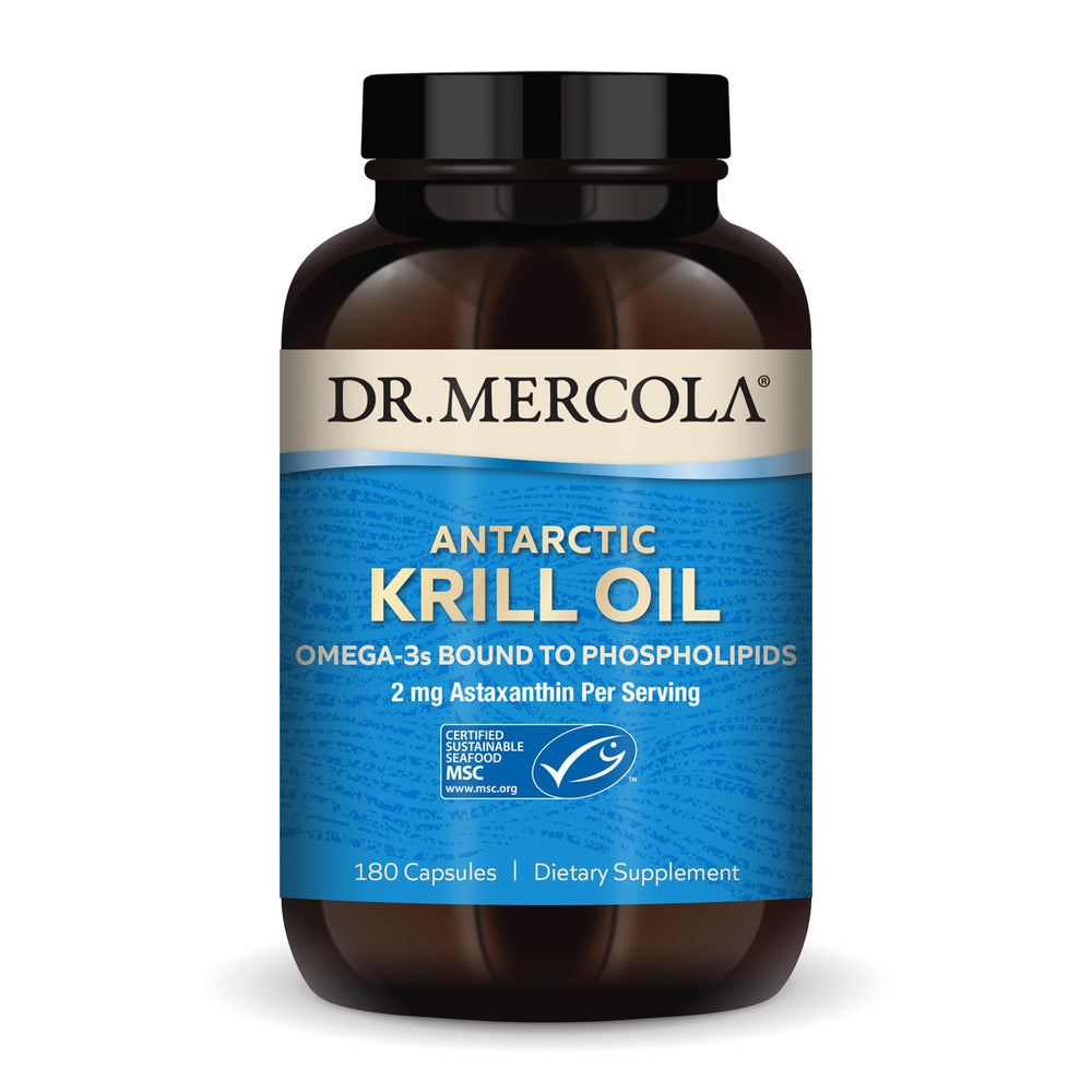 Dr. Mercola Antarctic Krill Oil bottle highlighting omega-3 content for daily nutrition.