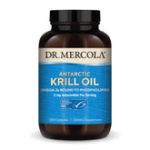 Dr. Mercola Antarctic Krill Oil bottle highlighting omega-3 content for daily nutrition.