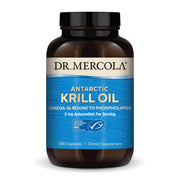 Dr. Mercola Antarctic Krill Oil bottle highlighting omega-3 content for daily nutrition.