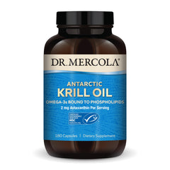 Dr. Mercola Antarctic Krill Oil bottle highlighting omega-3 content for daily nutrition.