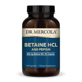 Dr. Mercola Betaine HCL & Pepsin bottle front promotes digestive support.
