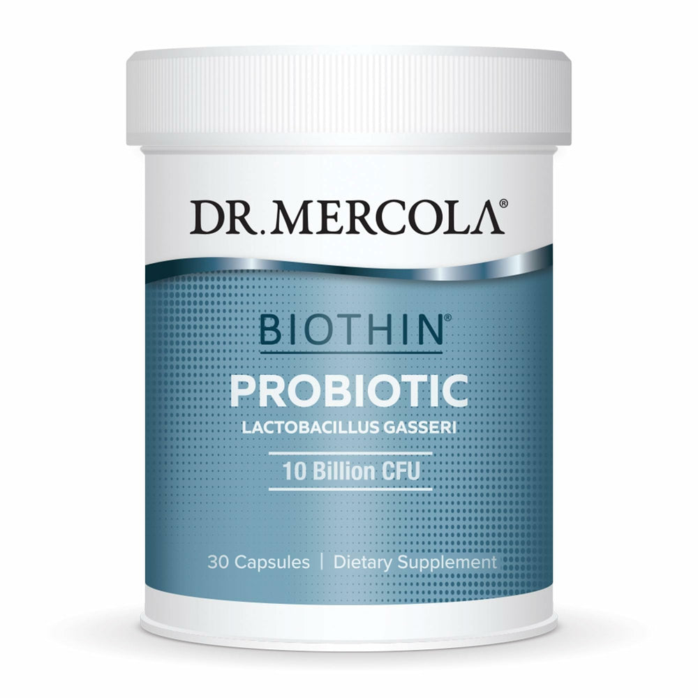 Dr. Mercola Biothin Probiotic bottle front offering convenient daily digestive support