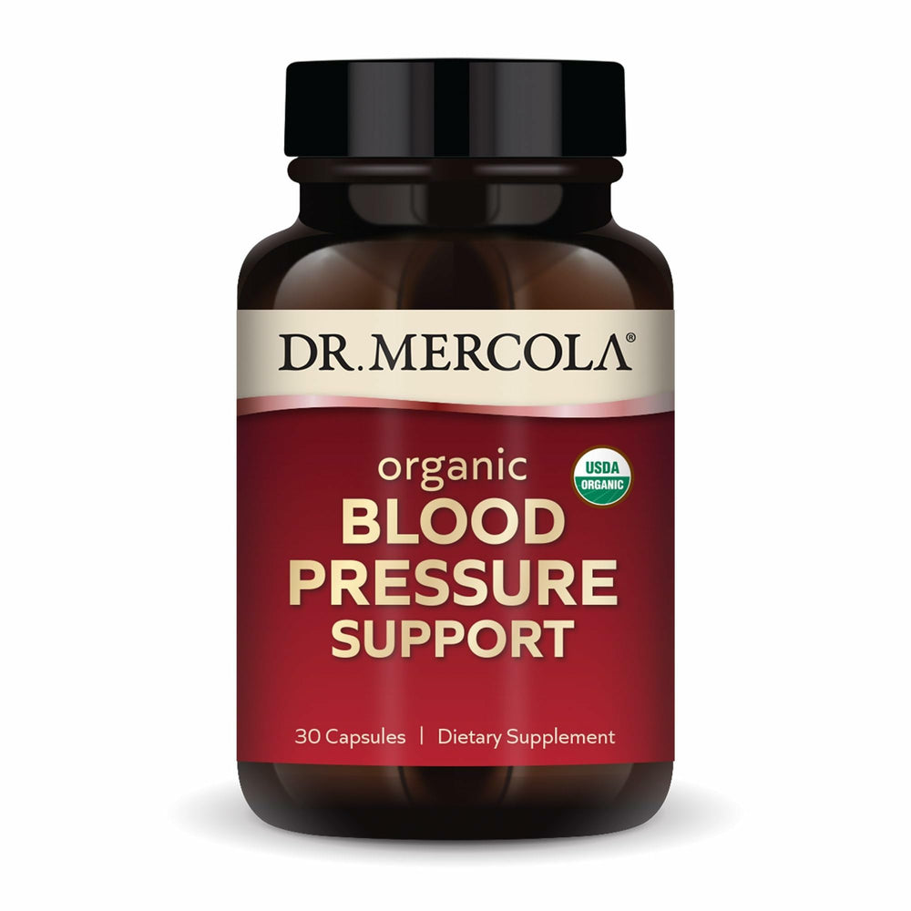 Dr. Mercola Blood Pressure Support bottle for daily circulation support.