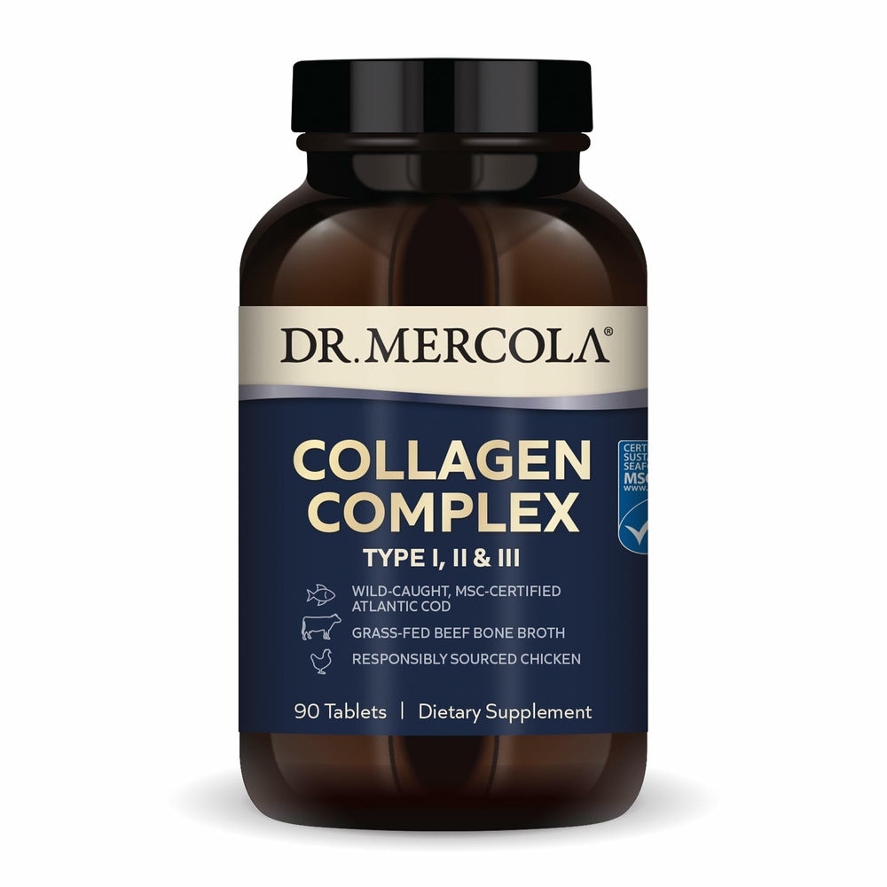 Dr. Mercola Collagen Complex bottle showing a multi-source formula for skin support.