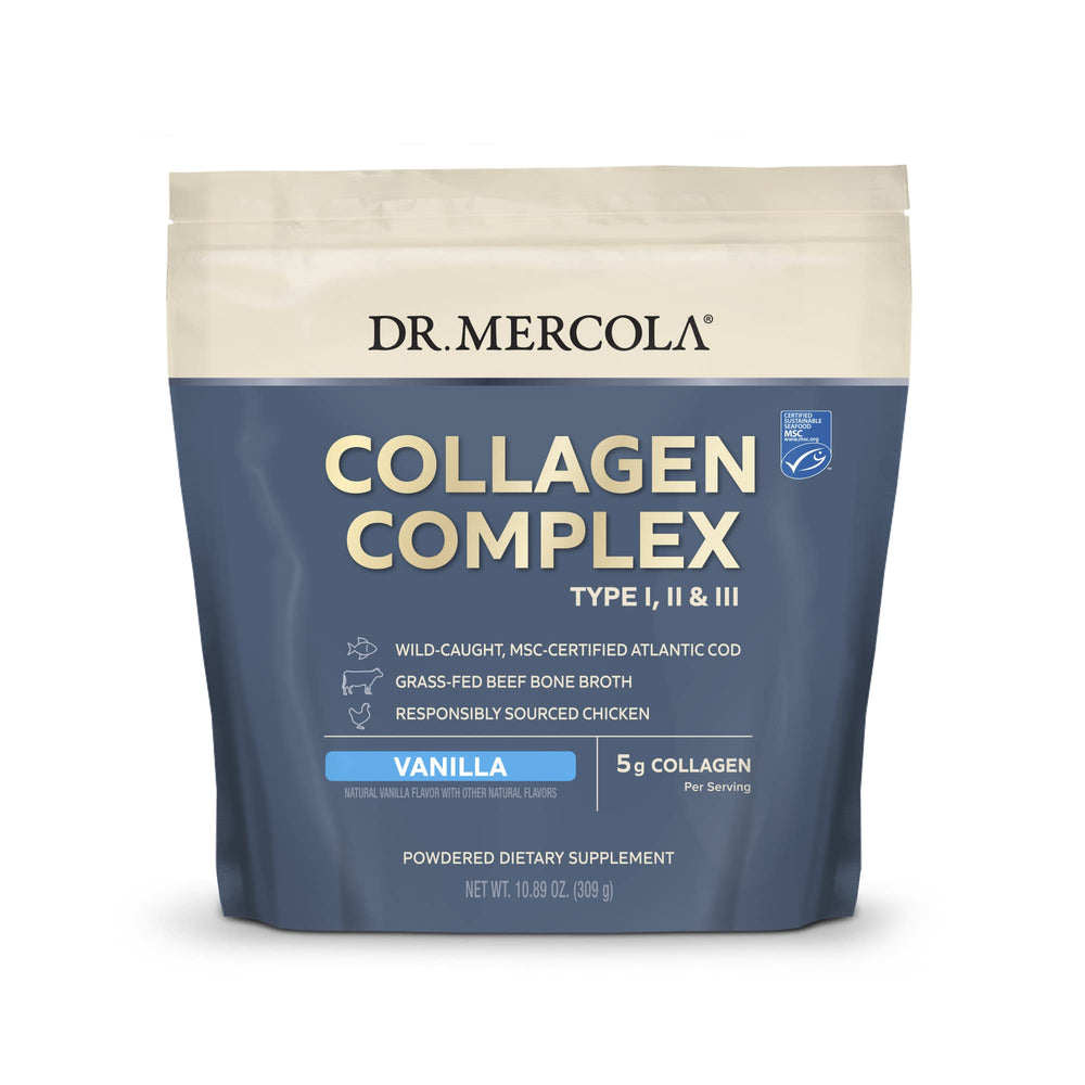 Dr. Mercola Collagen Complex vanilla powder jar supports daily beauty routines when mixed into drinks.