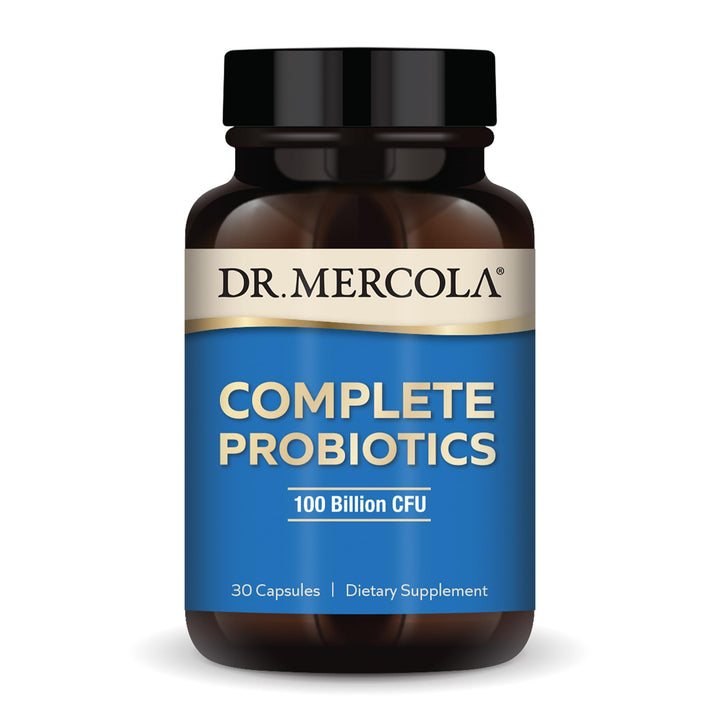 Dr. Mercola Complete Probiotics bottle with 30 capsules for gut balance.