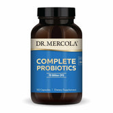 Dr. Mercola Complete Probiotics bottle shows high potency 70B CFU for daily gut balance.