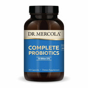 Dr. Mercola Complete Probiotics bottle shows high potency 70B CFU for daily gut balance.