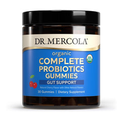 Dr. Mercola Complete Probiotics Gummies bottle closeup showing packaging and product name for daily use.