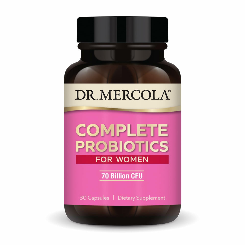 Dr. Mercola Complete Probiotics for Women bottle shows 70B CFUs for gut balance