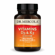 Dr. Mercola D3 y K2 dosis baja en botella cerrada para uso diario seguro.
