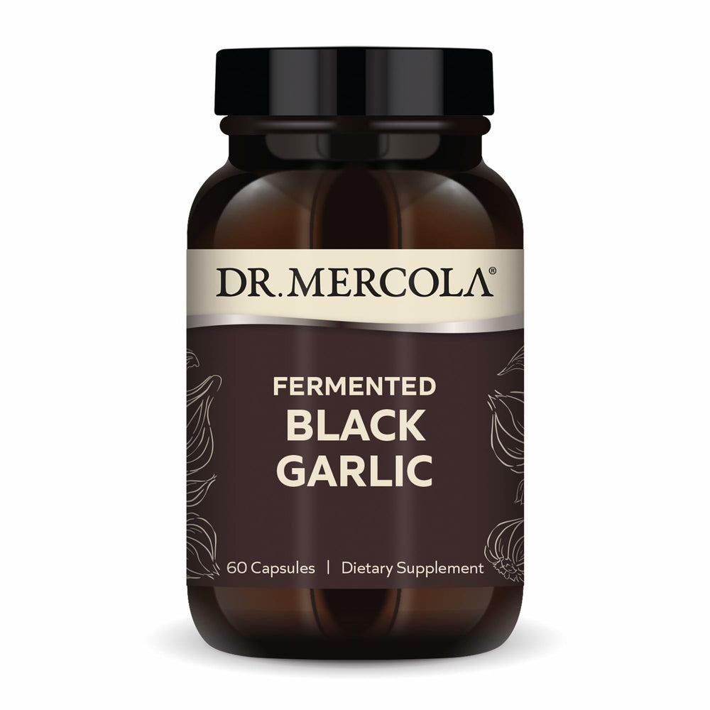 Dr. Mercola Fermented Black Garlic bottle front highlighting antioxidant support