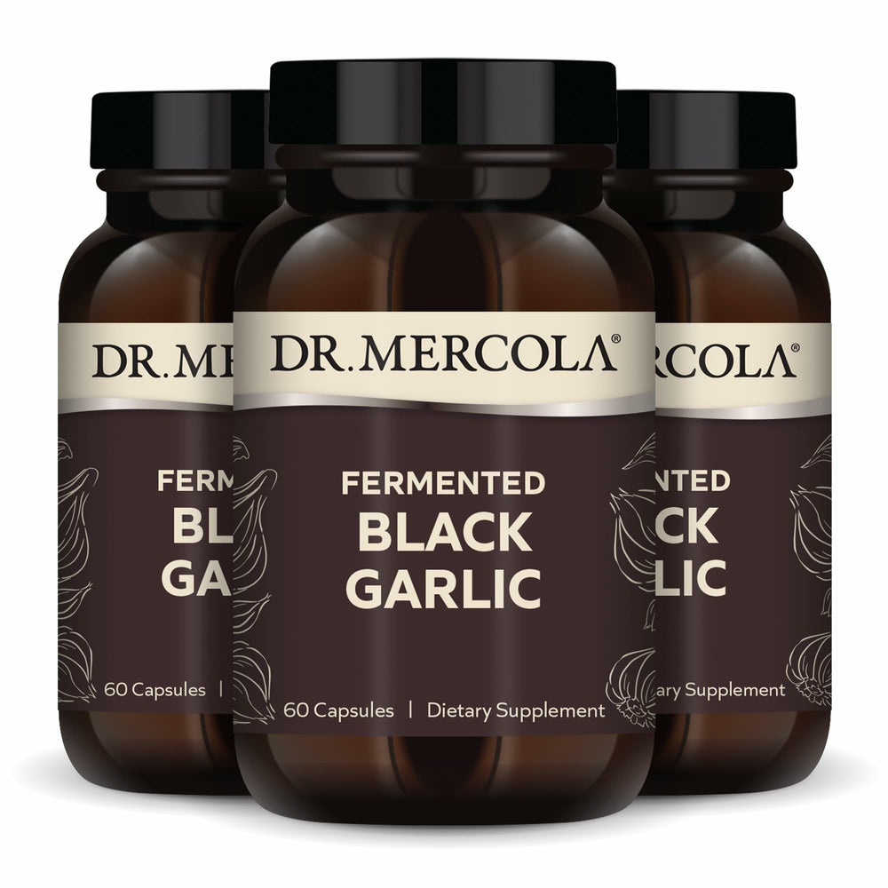 Dr. Mercola Fermented Black Garlic bottle front highlighting immune support potential