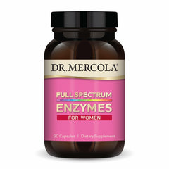 Dr. Mercola Full Spectrum Enzymes for Women bottle shows 90 capsules for daily digestion support.