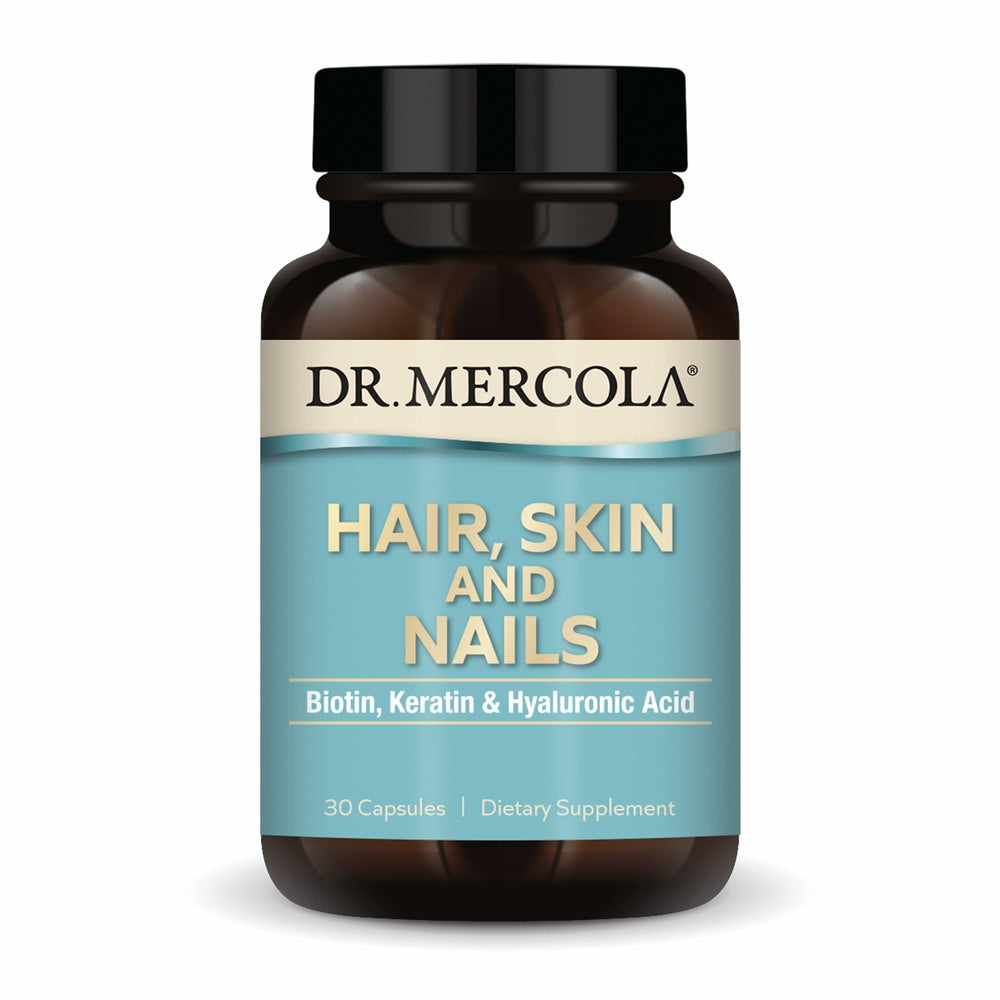 Dr. Mercola Hair, Skin and Nails bottle with premium capsules for daily beauty support.