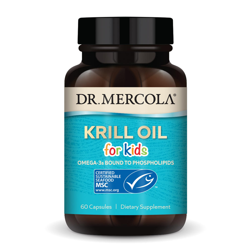 Dr. Mercola Krill Oil for Kids bottle on packaging supports daily omega-3 intake
