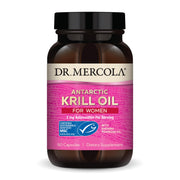 Dr. Mercola Krill Oil for Women bottle promoting daily wellness and easy intake.