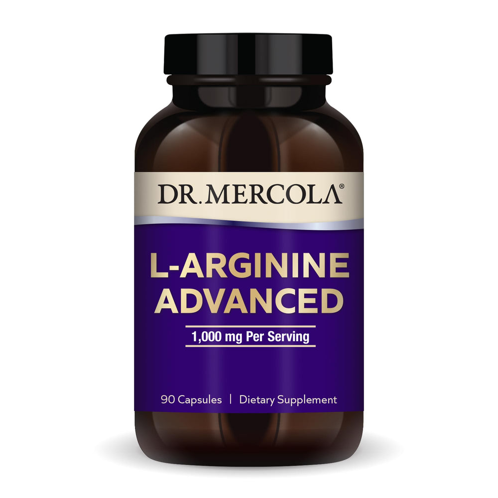 Dr. Mercola L-Arginine Advanced bottle and label showing 90 capsules for energy support