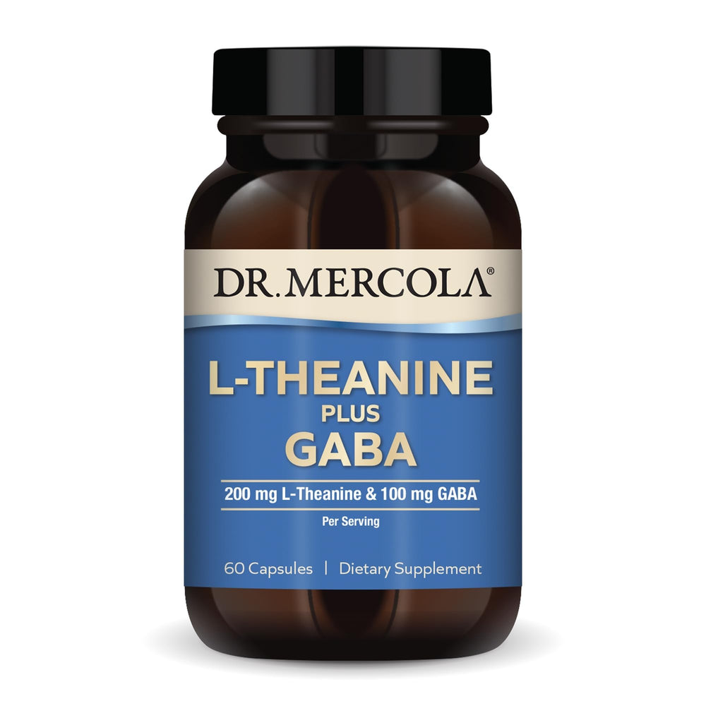 Dr. Mercola L-Theanine Plus GABA bottle with capsules ready for daily calm.