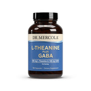 Dr. Mercola L-Theanine Plus GABA bottle promoting calm focus.