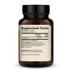 Close-up of Dr. Mercola Liposomal Carnosine capsules highlighting easy-to-swallow design