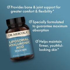 Packaging of Dr. Mercola Liposomal Hyaluronic Acid emphasizing gluten-free and soy-free
