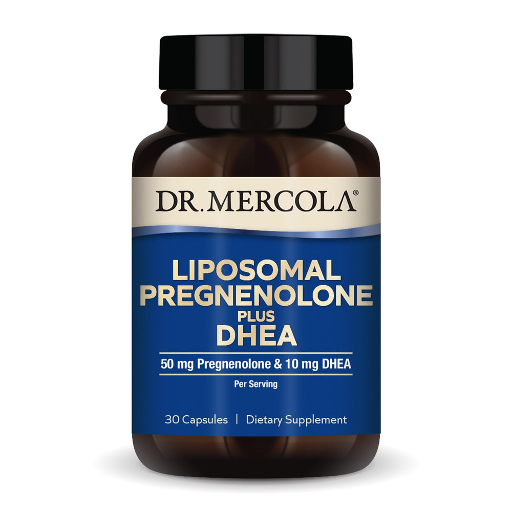 Dr. Mercola Liposomal Pregnenolone Plus DHEA bottle highlighting premium packaging and product name