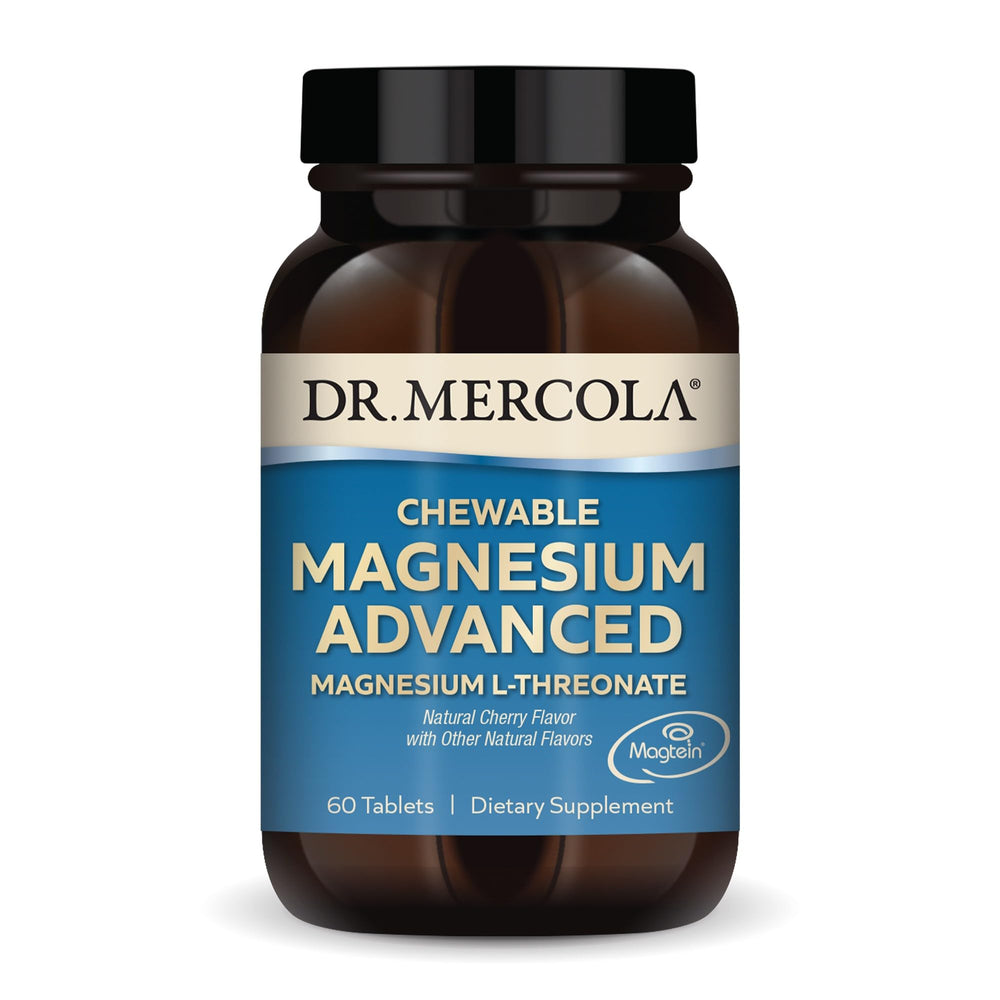 Dr. Mercola Magnesium Chewable Advanced bottle front showing non-GMO branding for daily wellness.