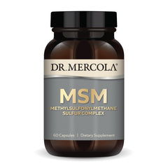 Dr. Mercola MSM Sulphur Complex bottle on the counter for daily wellness.