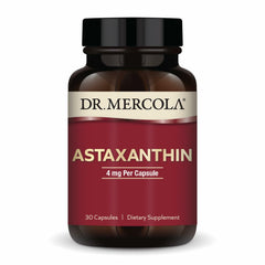 Dr. Mercola Organic Astaxanthin 4 mg bottle highlighting organic source for antioxidant support.
