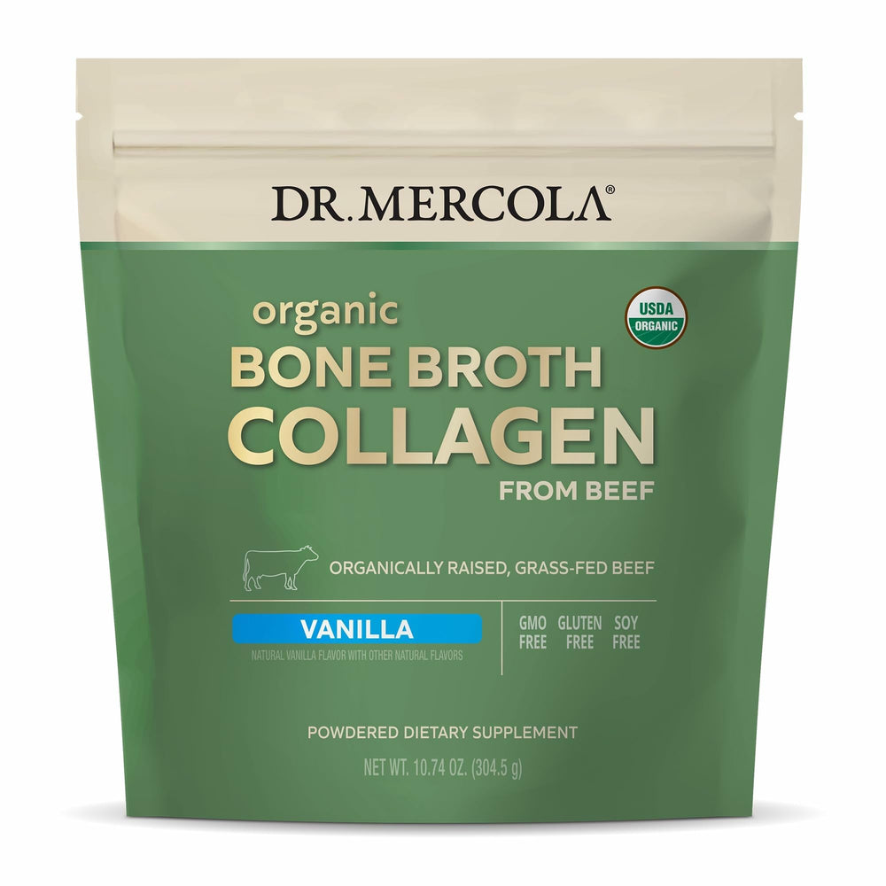 Dr. Mercola Organic Bone Broth Collagen Powder vanilla tub highlights bone and muscle support.