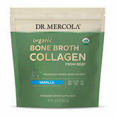 Dr. Mercola Organic Bone Broth Collagen Powder vanilla tub highlights bone and muscle support.