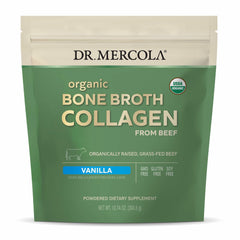 Dr. Mercola Organic Bone Broth Collagen Powder vanilla tub highlights bone and muscle support.