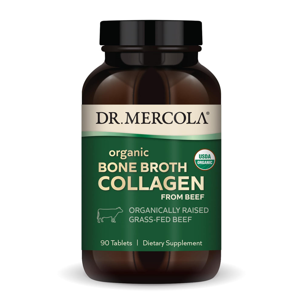 Dr Mercola Organic Bone Broth Collagen tablets bottle for convenient daily skin, hair, and nails support