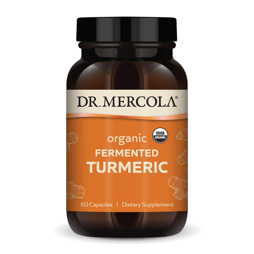 Dr. Mercola Organic Fermented Turmeric bottle front highlighting high-bioavailability curcuminoids