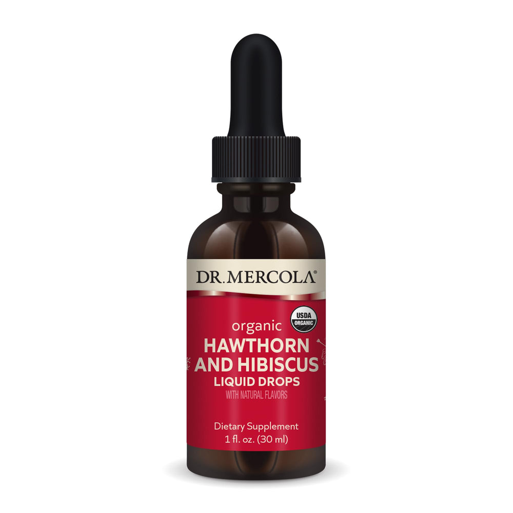 Dr. Mercola Hawthorn Hibiscus drops bottle shown for daily wellness with organic ingredients.