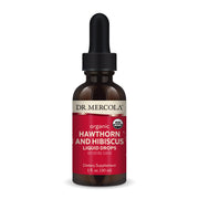 Dr. Mercola Hawthorn Hibiscus drops bottle shown for daily wellness with organic ingredients.