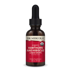 Dr. Mercola Hawthorn Hibiscus drops bottle shown for daily wellness with organic ingredients.