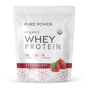 Dr. Mercola Pure Power Organic Whey Protein bottle shows protein-packed nutrition for workouts.