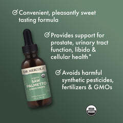 Label on Dr. Mercola Saw Palmetto Liquid Drops highlighting organic status