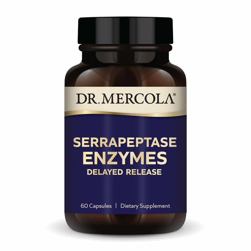Dr Mercola Serrapeptase capsules bottle label highlights clean non GMO formula