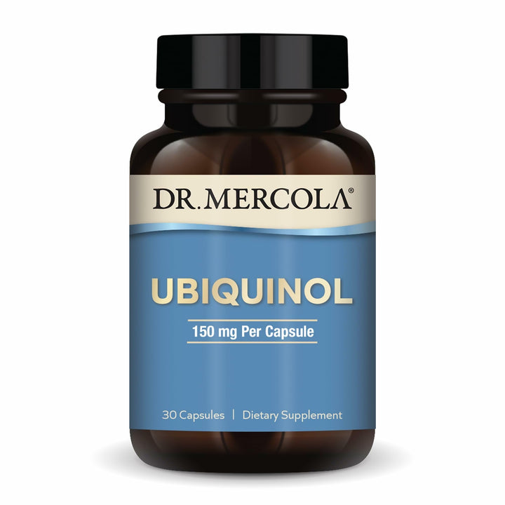 Dr. Mercola Ubiquinol bottle with cap emphasizes daily energy support.
