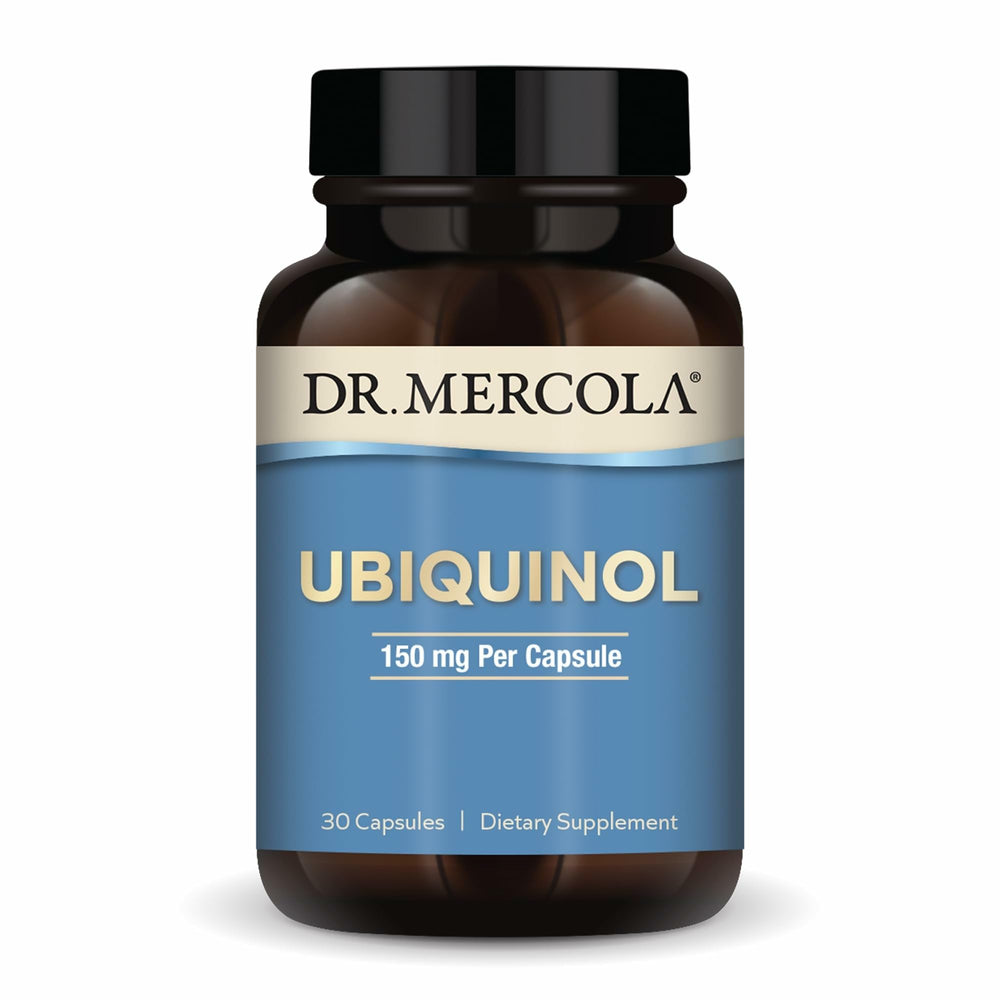 Dr. Mercola Ubiquinol bottle with cap emphasizes daily energy support.