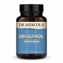 Dr. Mercola Ubiquinol bottle with cap emphasizes daily energy support.